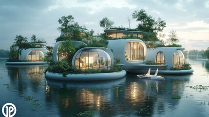 Obraz premium Futuristic floating cities with AI-regulated ecosystems: An eco-friendly city floating on water, with buildings powered by renewable energy.