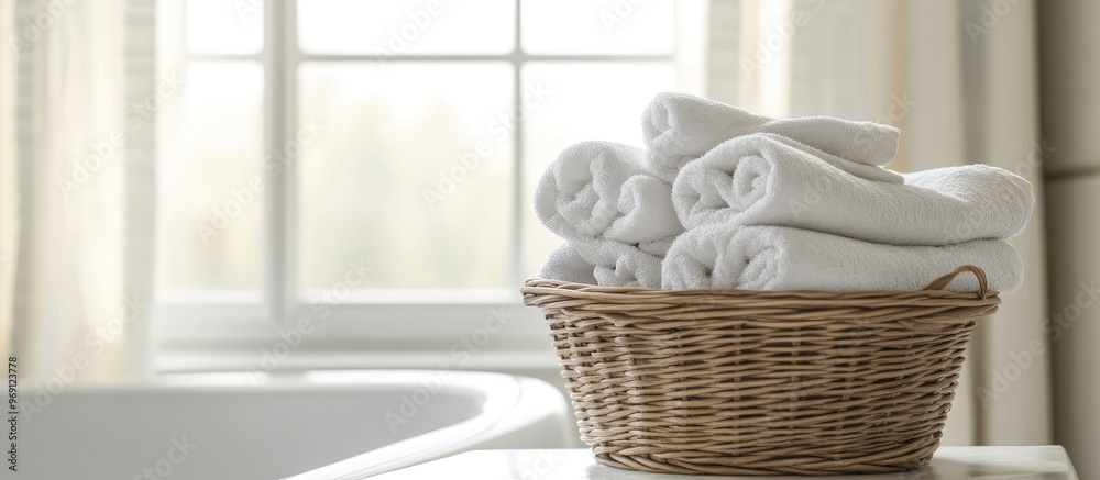 Aufkleber Stack of clean laundry in a basket in the bathroom Area for text. with copy space image. Place for adding text or design
