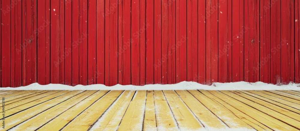 Aufkleber wooden wall featuring a frame and empty area the yellow wooden boards are set against a red wood bac
