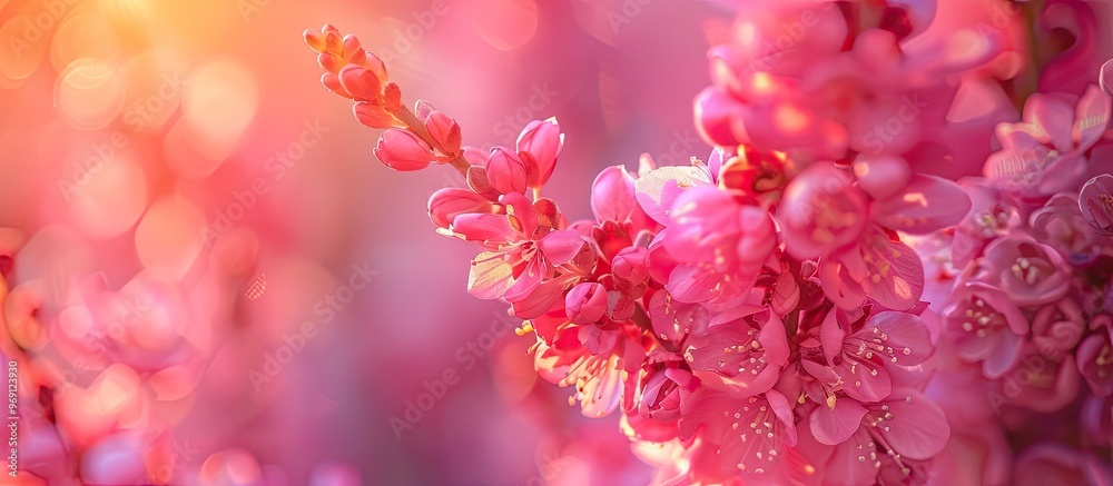 Poster Close up of a pink flower in sunlight top view of a Needle flower used as a fresh ecological background concept. with copy space image. Place for adding text or design