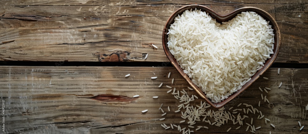 Poster White rice in a heart shaped container on a wooden table. with copy space image. Place for adding text or design