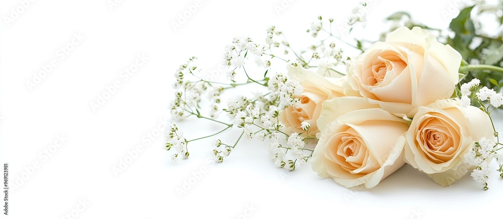 Poster Cream roses and gypsophila flowers arranged in a corner set against a white background. with copy space image. Place for adding text or design