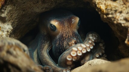 Close-up of an Octopus Hiding in a Rock Crevice
