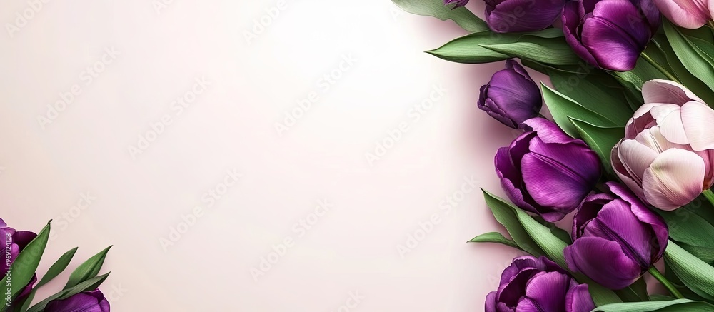 Poster Bouquet of purple violet peony tulips. with copy space image. Place for adding text or design