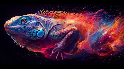 Semiabstract iguana with neon scales dissolving into swirling colors symbolizing adaptability and transformation