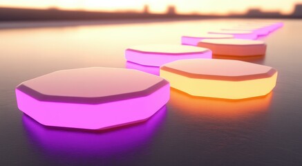 Glowing Hexagonal Shapes On Reflective Surface At Sunset