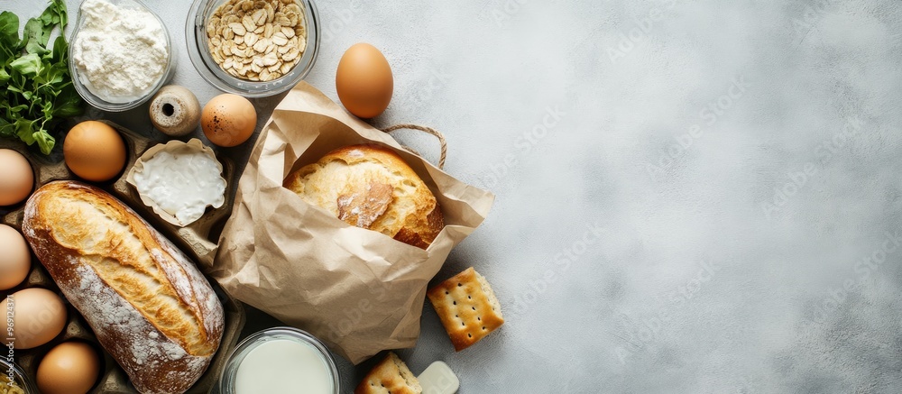 Poster various dairy products eggs and a baguette in a recyclable paper bag on a stone table eco friendly f