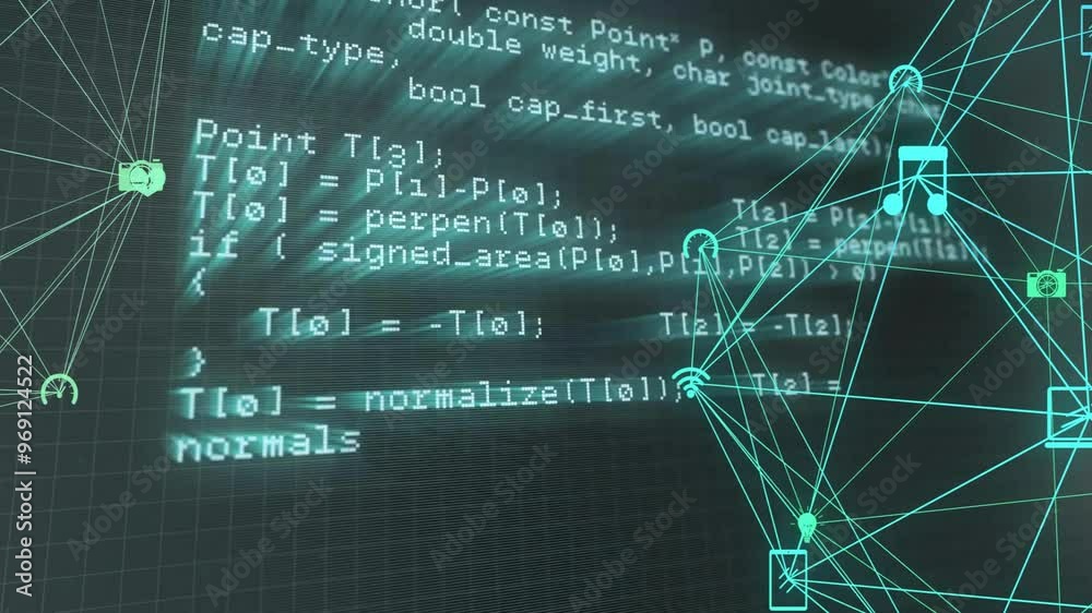 Poster animation of network of connections with icons over data processing on black background