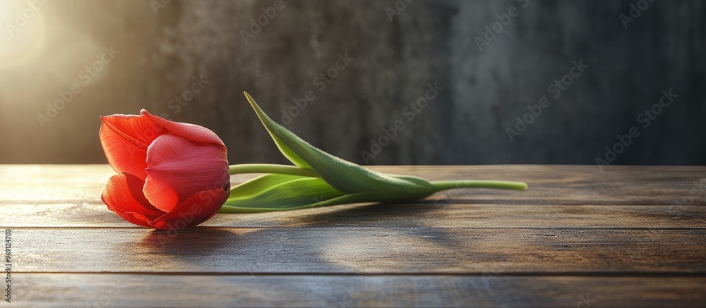 Aufkleber Beautiful tulip on a wooden table Spring ambiance. with copy space image. Place for adding text or design