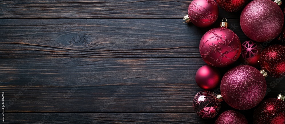 Poster Red and pink Christmas ornaments on a dark wooden table Top view. with copy space image. Place for adding text or design