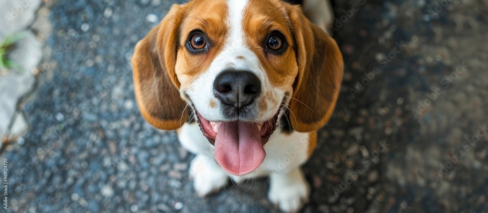Poster beautiful beagle dog with tongue out on asphalt top view with copy space for text on the right anima