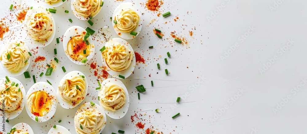 Poster Classic deviled eggs topped with paprika and chives on a white background Top view copyspace