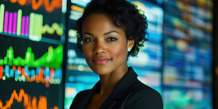 Market Mastery: A confident businesswoman standing in front of a wall covered in financial charts, graphs, and news headlines, symbolizing her expertise in navigating the market.