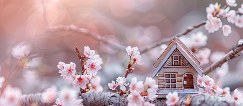 Miniature wooden toy house with cherry blossom branches on a pink background Area for text. with copy space image. Place for adding text or design