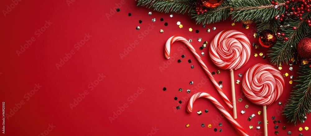 Poster christmas card featuring lollipops a green spruce branch and confetti on a red background flat lay t