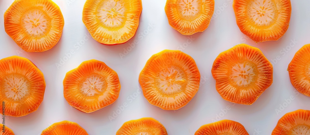 Poster Whole fresh carrots alongside another that is sliced into pieces isolated on a white background Includes copyspace