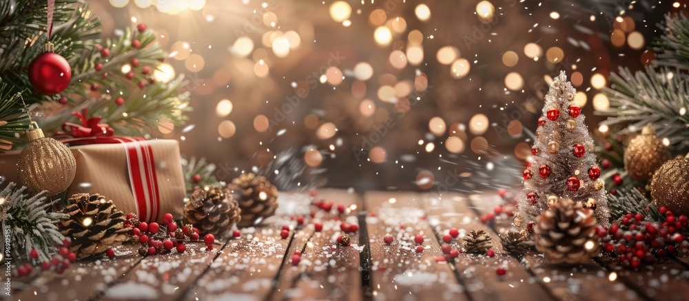 Poster Christmas holiday backdrop tree and decorations on a wooden table. with copy space image. Place for adding text or design
