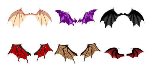 Wings set for Demon, Fairy, Halloween, Angel, Dragon.
Set for fantasy characters Cartoon vector illustration.