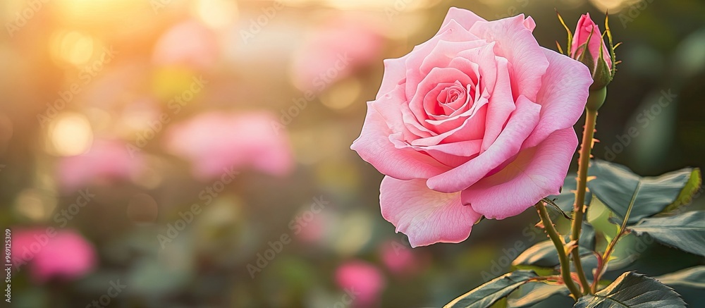 Poster pink rose flower rosa chinensis in the garden. with copy space image. place for adding text or desig