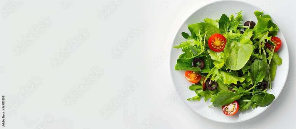 Poster fresh organic green salad presented on a plate against a white background featuring copy space for y