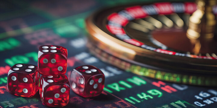 Risk and Reward: A game of chance with dice and a roulette wheel, next to a stock ticker displaying real-time data.