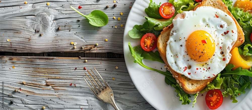 Aufkleber nutritious breakfast featuring a fried egg toast and salad on a white wooden table accompanied by a 