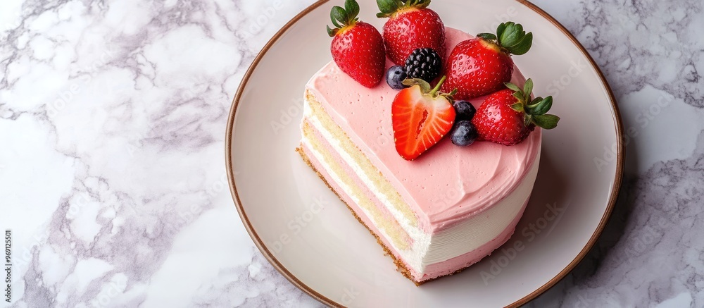 Poster top view of a delectable slice of strawberry mousse cake featuring the visible layers with the recip