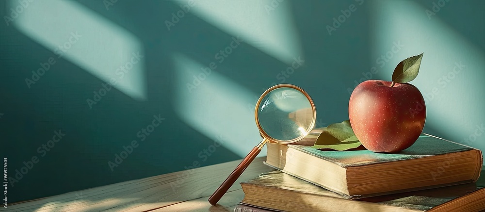 Poster back to school stationery magnifying glass pile of books apple on the table home education idea. wit