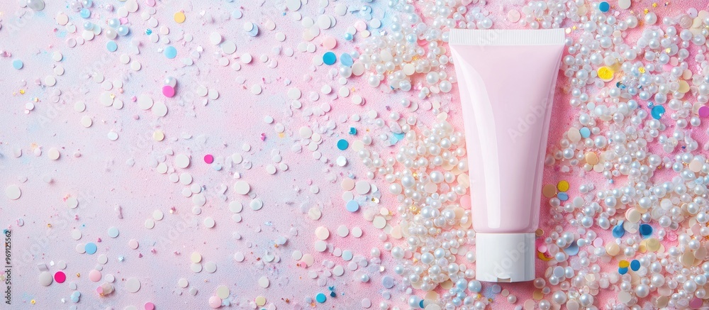 Aufkleber cosmetic cream lotion tube set against a background of white pearl pastel confetti sparkles with cop