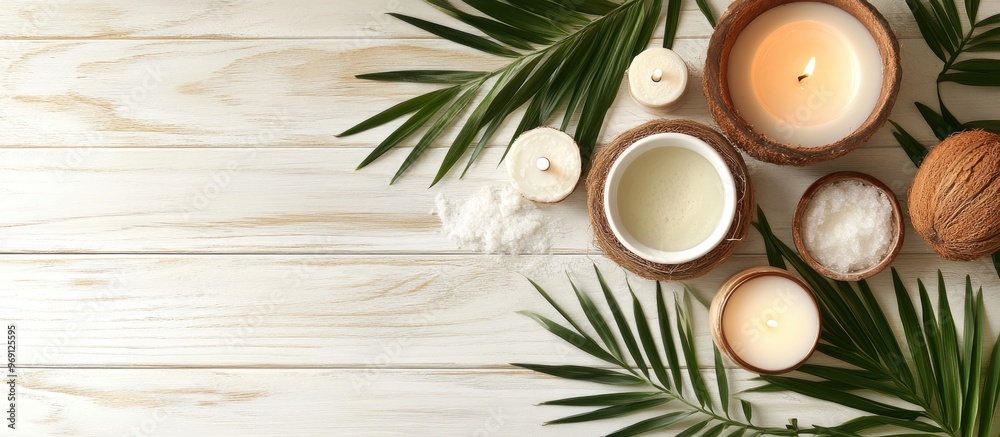 Poster coconut spa products on a light wooden surface. with copy space image. place for adding text or desi