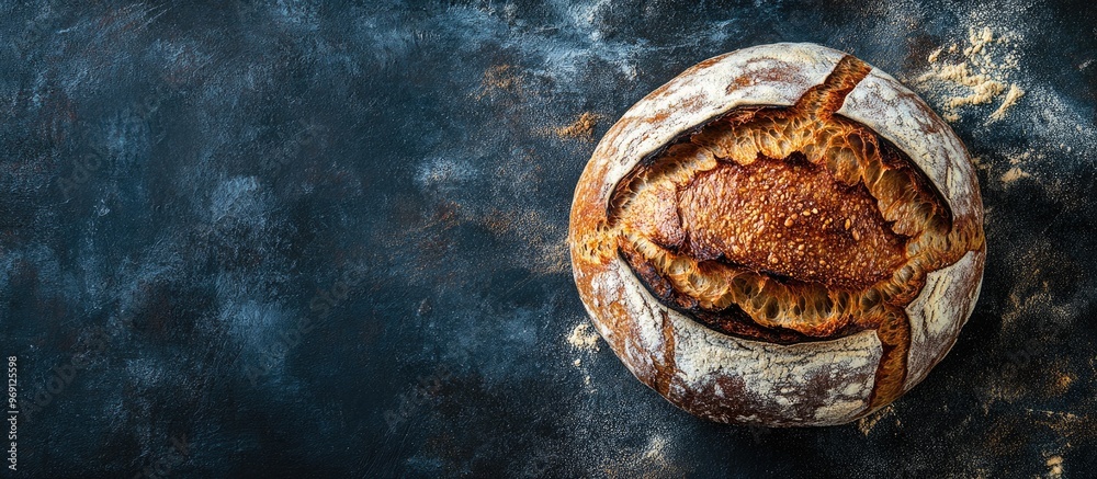 Poster black sourdough bread loaf portion on the table healthy snack top view copy space for text food back