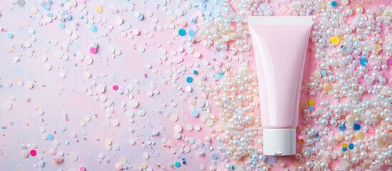 Cosmetic cream lotion tube set against a background of white pearl pastel confetti sparkles with copy space An imaginative top view flat lay backdrop for your beauty blog text design