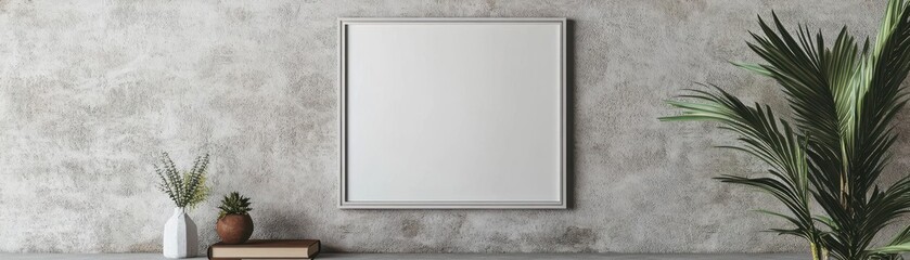 Fototapeta premium Square frame mockup set against a textured wall, surrounded by simple decor elements like a book and a plant, clean and modern