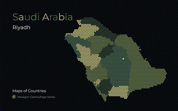Saudi Arabia Hexagon Map with Green Camouflage Color Regions, Riyadh Highlighted	
