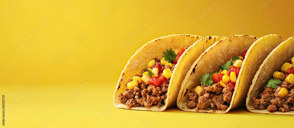 Poster traditional mexican tacos filled with minced meat corn chili pepper and salsa sauce. with copy space