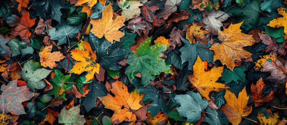 Poster closeup of vibrant green yellow orange and red dried maple leaves scattered on the ground autumn in 