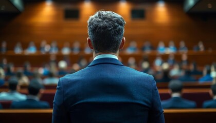 Business manager delivering a motivating speech to a team in a conference room, inspiring leadership presence