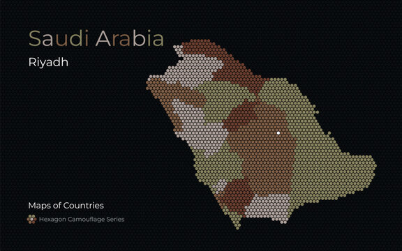 Saudi Arabia Hexagon Map with Green Camouflage Color Regions, Riyadh Highlighted	
