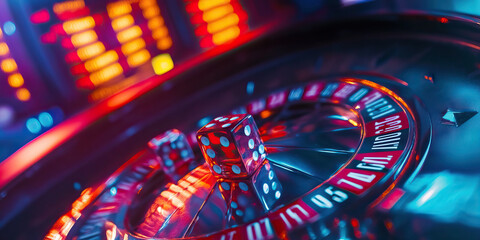 Risk and Reward: A game of chance with dice and a roulette wheel, next to a stock ticker displaying real-time data.