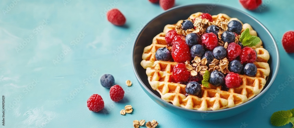 Leinwandbilder breakfast table featuring waffles granola and fresh berries. with copy space image. place for adding