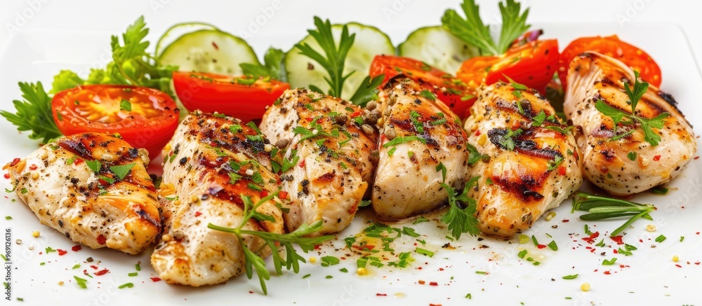 Poster Delicious grilled chicken accompanied by fresh tomatoes on a plate. with copy space image. Place for adding text or design