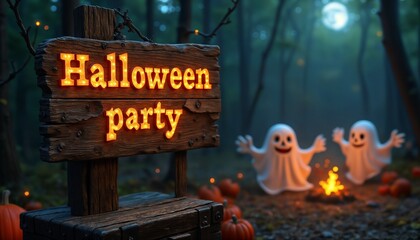 A banner for Halloween party in a dark forest near a glade where ghosts celebrate and have fun around a fire, an inscription on a wooden board in vintage style, moonlight and a fabulous atmosphere