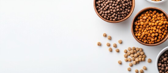 Bowl of pet food and fresh natural ingredients on a white background with copy space High quality meal for your dog