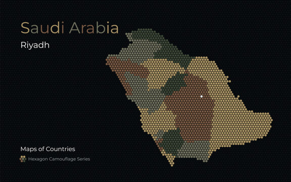 Saudi Arabia Hexagon Map with Camouflage Color Regions, with capital ar Riyad