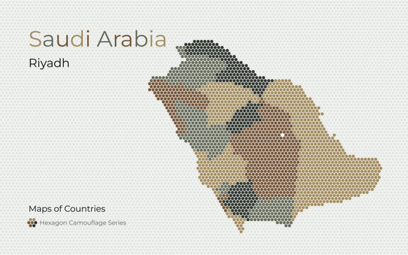 Saudi Arabia Hexagon Map with Desert Camouflage Color Regions, Riyadh Highlighted	
