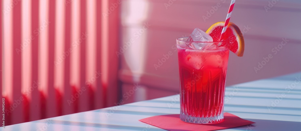 Aufkleber Beverage on a red paper napkin set against a white background concept for tasting. with copy space image. Place for adding text or design