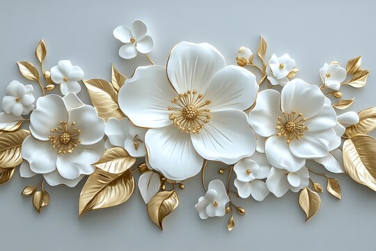 White flowers with gold leaves on a gray background.