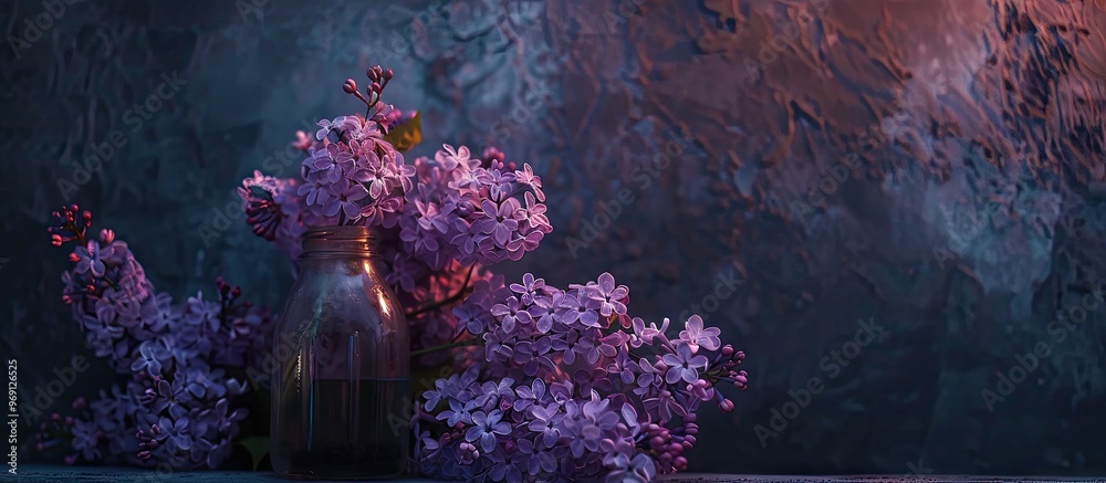 Poster lilac jar filled with a smooth white cream along with white flowers inside spirea twigs with blossom
