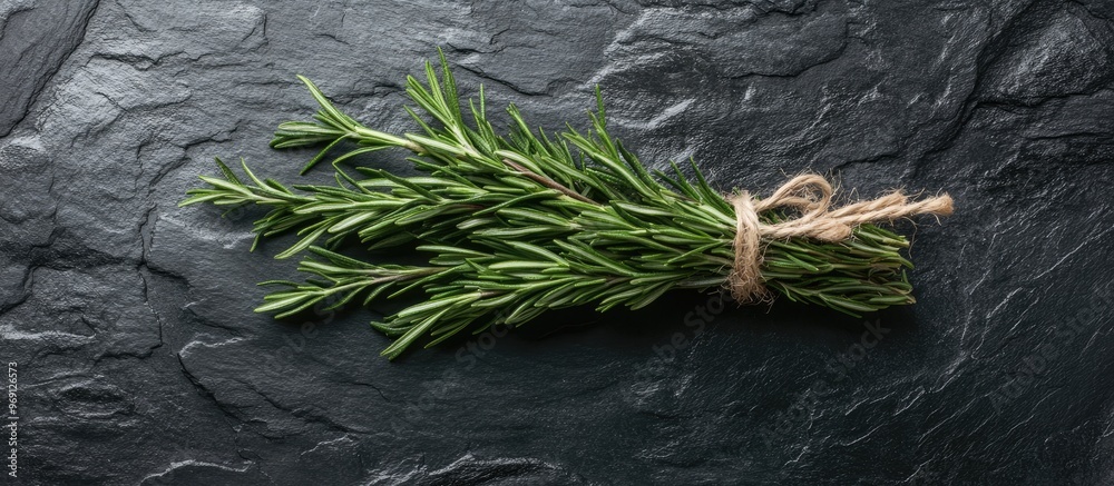 Poster Fresh rosemary bundle and jute twine on a black stone table backdrop Cooking spices Top view banner. with copy space image. Place for adding text or design