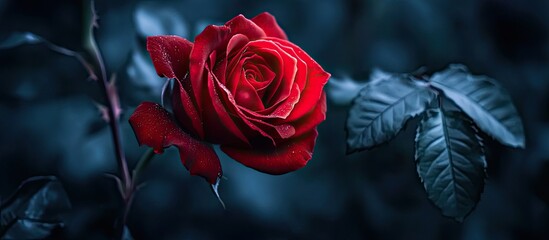 Macro photo of a single fresh red rose taken at night in the garden Isolated on a black background Copy space